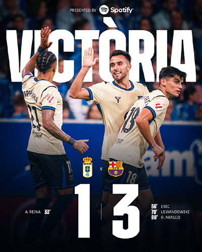 西甲:三连胜到手!巴萨3-1逆转奥维耶多,莱万替补登场建功