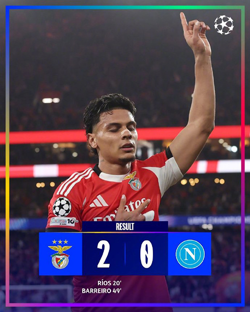 穆里尼奥完胜孔蒂！本菲卡2-0那不勒斯，红鹰保留附加赛火种