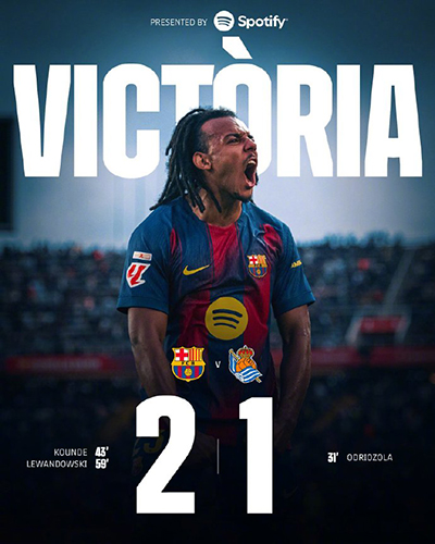 西甲:巴萨2-1皇家社会 孔德莱万进球 亚马尔助攻